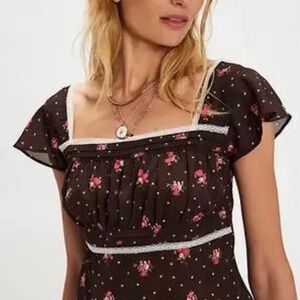 Free People Brown Floral Square-Neck Crop Top with Pink Blossoms